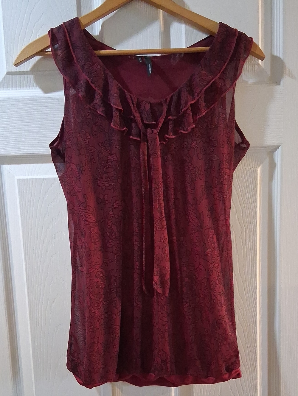 Stretchy Sleeveless Ruffle Tie-Neck Top - Burgundy Black Floral Print